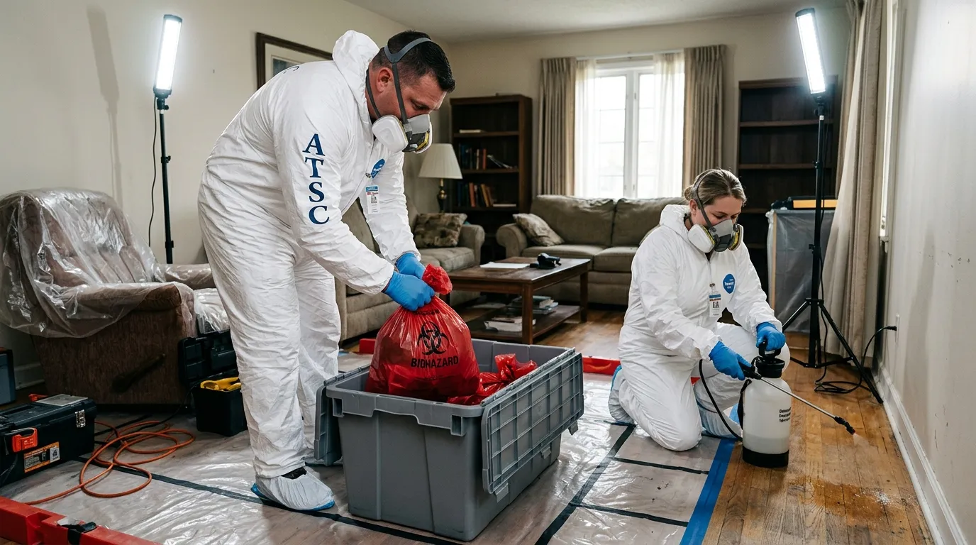 Professional Biohazard Cleanup technician in full PPE working in Torresdale